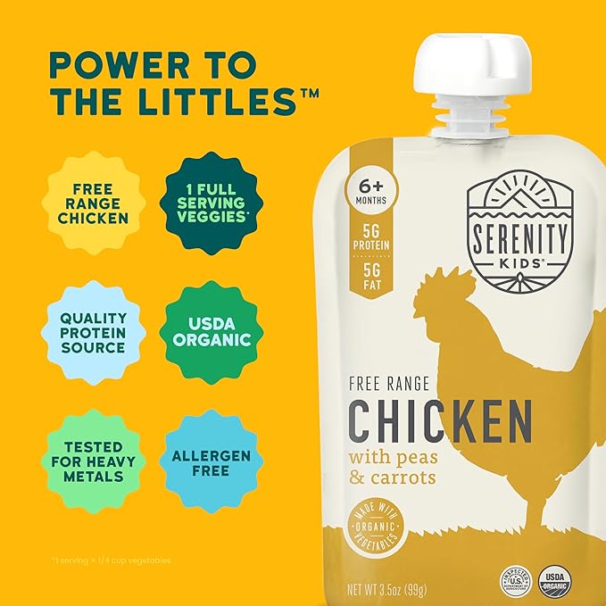 Serenity Kids 6+ Months Baby Food Pouches Chicken Puree - BPA-Free Organic Baby Food - Free-Range Chicken & Pea & Carrot - 3.5 Oz, 6 Pack
