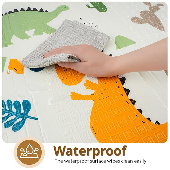Foldable Baby Play Mat, PIGLOG 0.6in Thick Waterproof Playmats for Babies and Toddlers Kids, Safe Foam Playmat for Tummy Time, 50x50 Playpen Mat, Reversible Portable Floor Mat for Infant, Dinosaur