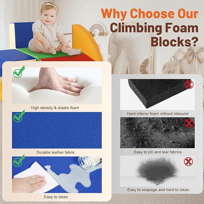 6-Piece Soft PU Leather Toddlers Climbing Toys, Baby Foam Climbing Blocks for Toddlers, Foam Play Gym Climber Structures for Toddler 3, Indoor Climb and Crawl Activity Play Set