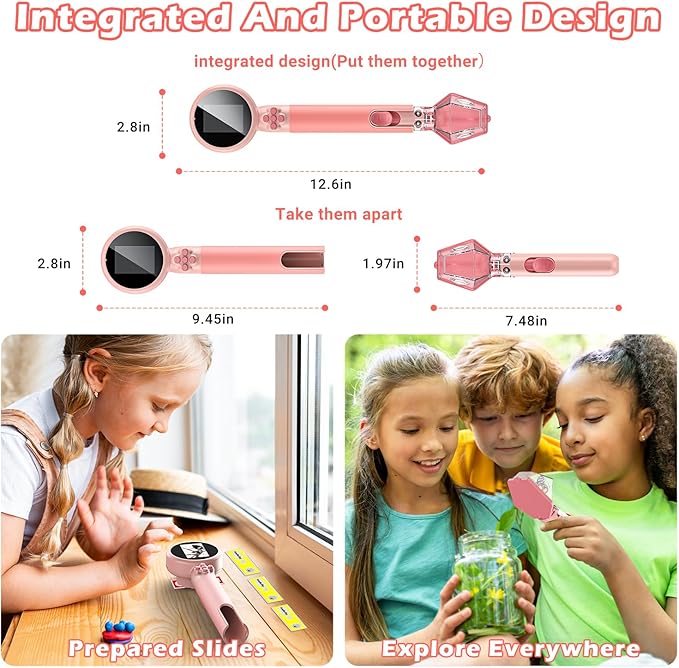 2 in 1 Kids Microscope with Bug Catcher,HD 500X Digital Microscope for Kids with 2" Screen,Photo and Video,STEM Educational Science Kit Learning Toys for Age 3-12 Girls & Boys Birthday Gifts (Pink)