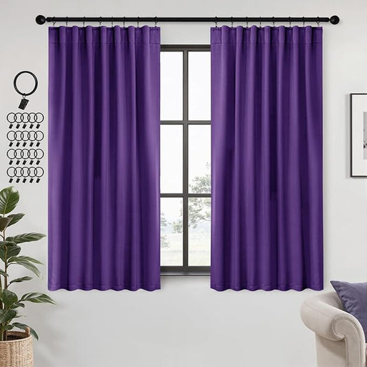 ANRODUO Back Tab Blackout Curtains for Bedroom Living Room, Rod Pocket Pinch Pleated Thermal Insulated Room Darkening Curtains 72 Inches Long 2 Panels, Purple, 42 x 72 Inch