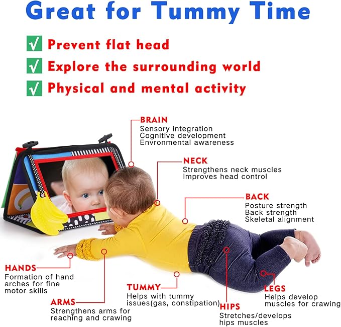 Tummy Time Baby Mirror Infant Toys Newborn 0 3 Months Brain Development with Crinkle Cloth Book Teether Black and White High Contrast Baby Toys 2 4 5 0-6 Month Boys Girls Sensory Activity Shower Gifts