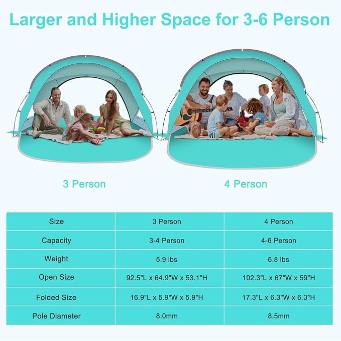 Gorich Beach Tent Sun Shelter with UPF50+ UV Protection for 3/4-5/6-7 Person, Lightweight & Portable Beach Shade Canopy with 2 Zippered Doors, Easy Setup Family Beach Umbrella