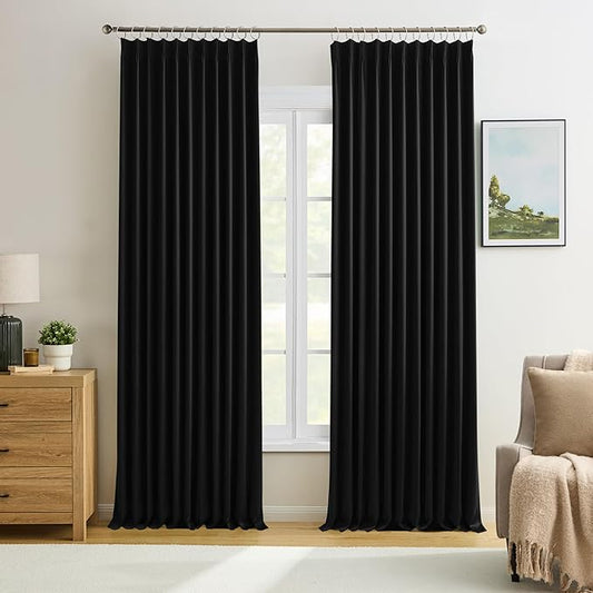 KEQIAOSUOCAI 72 Inch Wide Black Pinch Pleated Curtains 72 x 105, Thermal Insulated Noise Cancelling Living Room Office Drapes 105 Inches Long, Patio Sliding Glass Door Window Curtain 2 Panels