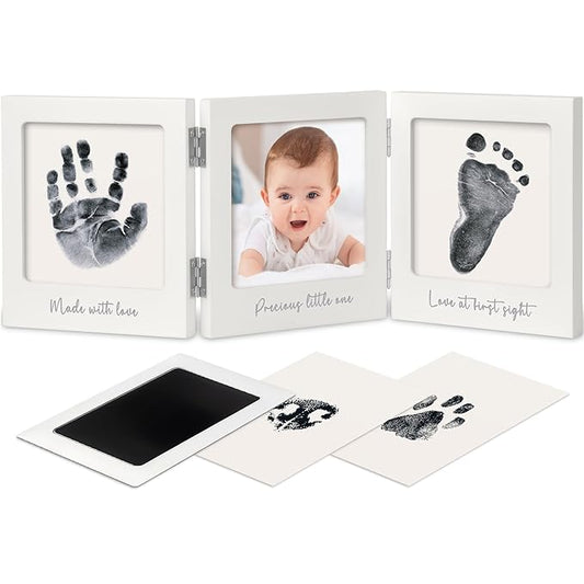 Inkless Baby Handprint and Footprint Kit for Newborn - Baby Footprint Kit, Newborn Keepsake Nursery Picture Frame,Dog Paw Print Maker, Personalized Gifts for New Mom,Showers & Registrys(White/Silver)