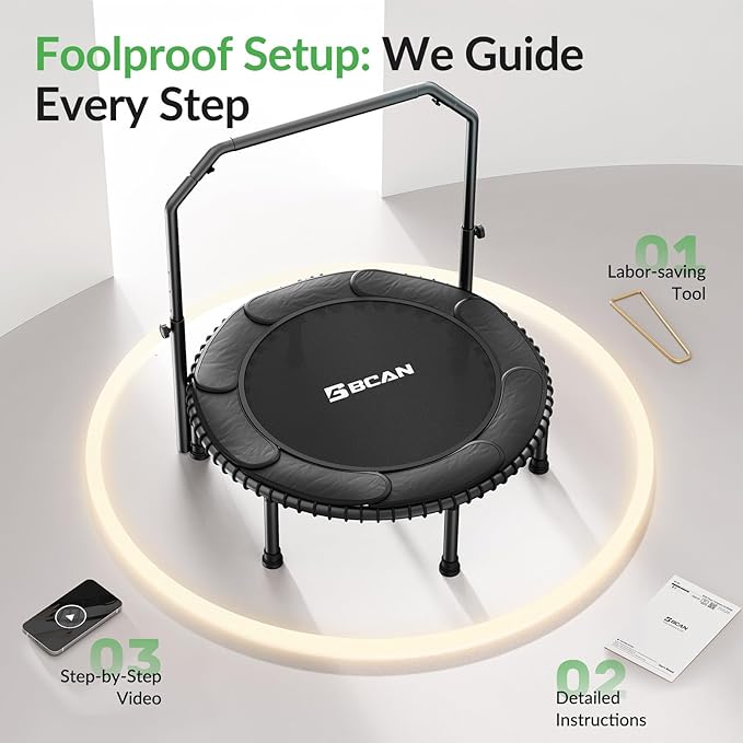 BCAN 40"/48" Mini Rebounder Trampoline for Adults with Bar, 450/550LBS Fitness Trampoline with Bungees, Adjustable Handle, Stable & Quiet, Indoor Outdoor, Whole-Body Workout & Relaxation at Home