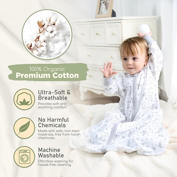 Mama Cheetah Baby Sleep Sack with Sleeves, 0.5 TOG Organic Cotton Wearable Blanket and Two-Way Zipper, Swaddle Transition Long Sleeve Sleeping Bag for Newborn Infant Toddler, 12-18 Months
