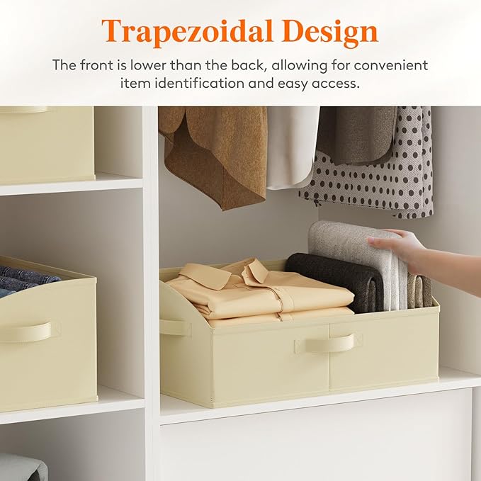 Lifewit Storage Baskets for Shelves, 6 Packs Non-woven Fabric Trapezoid Closet Organizer Bins with Handles, Foldable Clothing Containers Box for Clothes, Toy, Towel, Book, DVD, Hats, Large-Beige