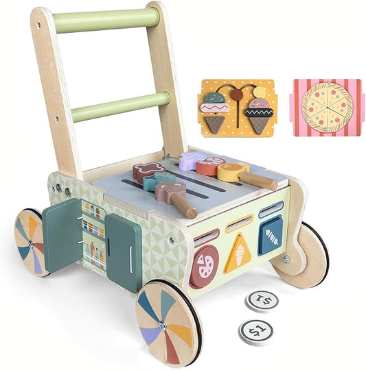 Wooden Push Walker for Babies with Wheels 12 Months+ Wooden Baby Walker Activity Walker for Babies Montessori Multiple Learning Activities Center Walking Toy Adjustable Speed Birthday Gift