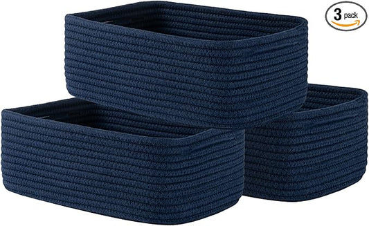 KALLAX Small Woven Basket, 12 x 8 x 4.5 Inches, Storage Basket for Organizing, Cute Small Rope Shelf Closet Cube Storage Bins Baskets for Shelves, Dog Toy Gift Baskets Empty, 3 Packs, Navy Blue