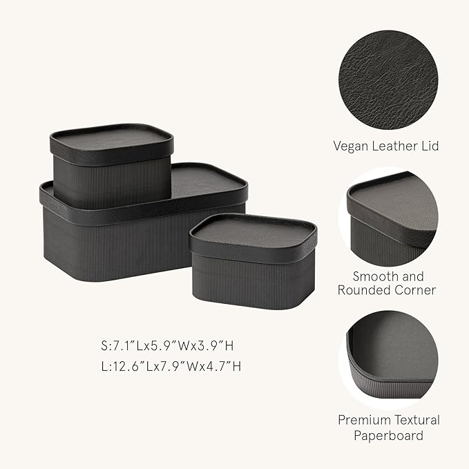 LA JOLIE MUSE Fluted Cardboard Storage Baskets with Leather-Like Lids, Paper Boxes Decorative Tray, Modern Basket Organizer Bins for Jewelry Shelve Bathroom Bedroom Organizing,Black, Set of 3