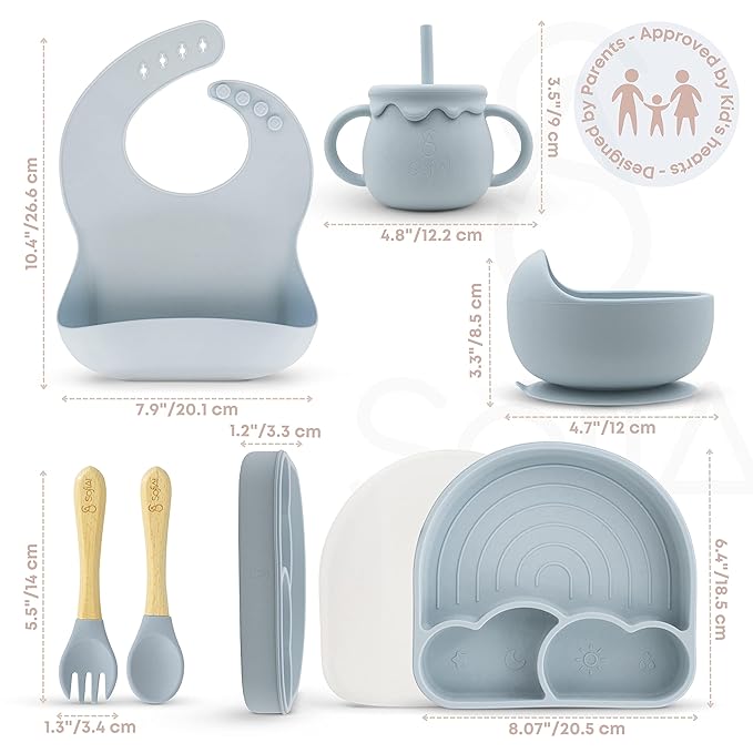 All In One Silicone Feeding Set - Safe for 6-12 Months - Non-Toxic Baby Led Weaning Supplies - Toddler Self Feeding Utensils - BPA-Free - Mess Free Essentials