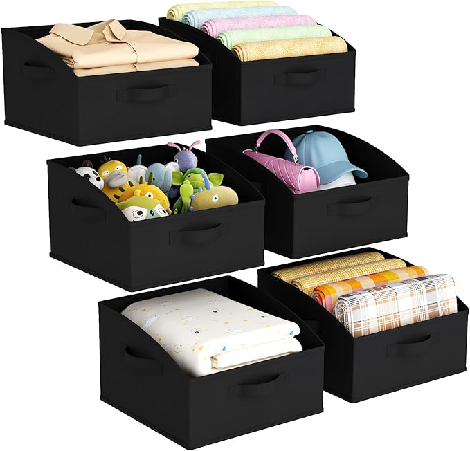Lifewit Storage Baskets for Shelves, 6 Packs Non-woven Fabric Trapezoid Closet Organizer Bins with Handles, Foldable Clothing Containers Box for Clothes, Toy, Towel, Book, DVD, Hats, Small-Black