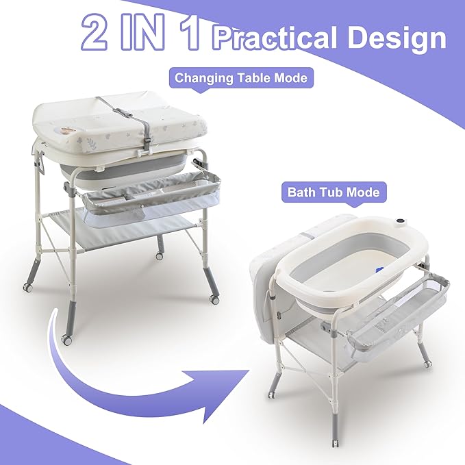 2-in-1 Baby Bathtub with Changing Table, Foldable Diaper Changing Station with 4 Wheels, Waterproof Pad, Storage Rack and Baby Bath Tub, Adjustable Height Portable Nursery Organizer for Newborn Infant