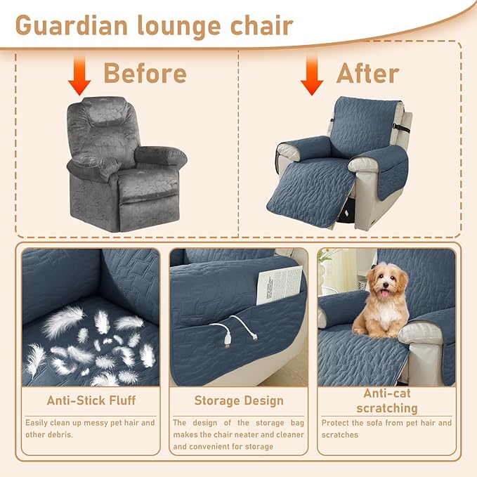 100% Waterproof Recliner Chair Covers for Reclining Chair, Small Recliner Covers That Stay in Place, Non-Slip Recliner Armchair Cover with Pockets for Kids, Pets, Dogs, Cat, Washable,Gray blue