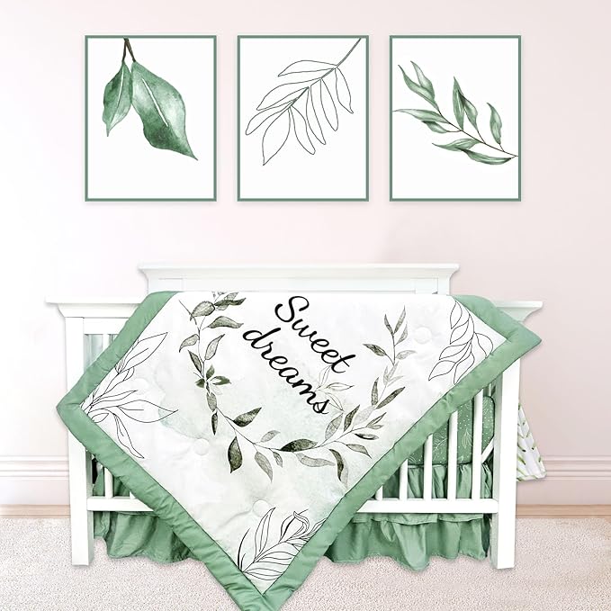 Green Leaf Crib Bedding Set, 4-Piece Baby Boy Bedding Set, Neutral Nursery Bedding Set, Fitted Crib Sheet, Crib Skirt, Baby Quilt, and Diaper Stacker, Sage