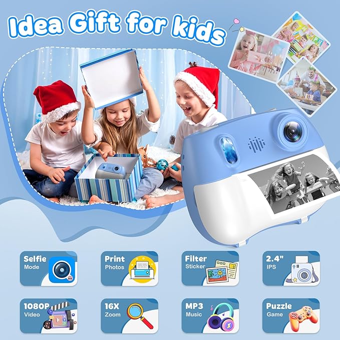 Instant Print Camera for Kids - Front Rear Dual Selfie Kid Print Camera, Fun Birthday Gift for Boys Ages 3-12, HD Digital Video Cameras, Easy to Use for Toddler - Blue