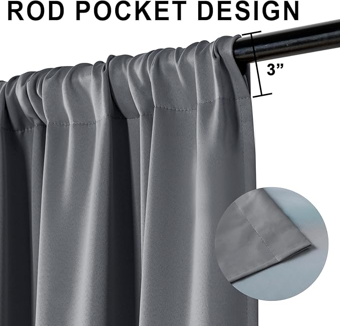 XWZO Full Shading Blackout Curtains 72 Inches Length - Heat and Light Blocking Rod Pocket Window Drapes with Black Liner Backing for Bedroom Sewn with Tiebacks, Dark Grey, W52 x L72, Set of 2