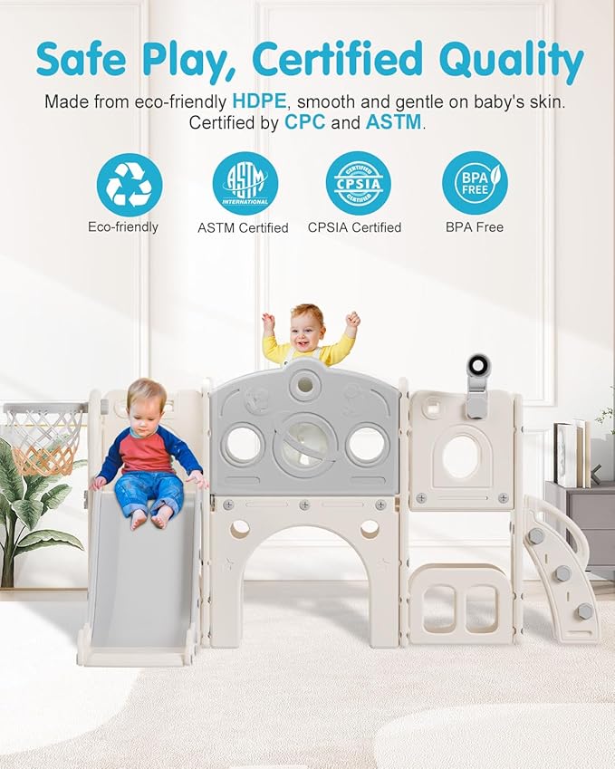 Babytronic Toddler Slide Set, 8 in 1 Kids Slide with Climber, Indoor Outdoor Slide for Toddlers Age 1-3, Toddler Playset with Basketball Hoop and Tunnel, Toddler Indoor Outdoor Playground (White&Gray)