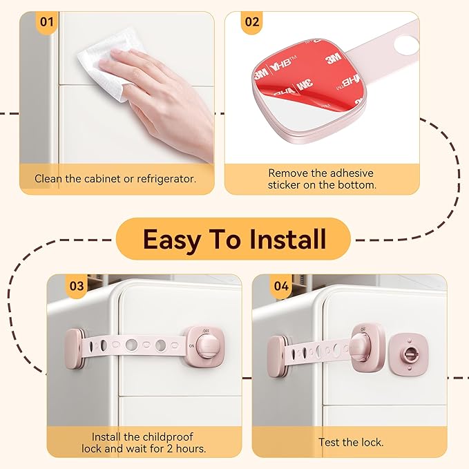 2 Pack Cabinet Locks/Refrigerator Locks Baby Proofing - Child Proof Locks for Drawer, Refrigerator, Fridge, Toilet Seat-No Screws or Tools Required (2 Pack-Pink Locks)