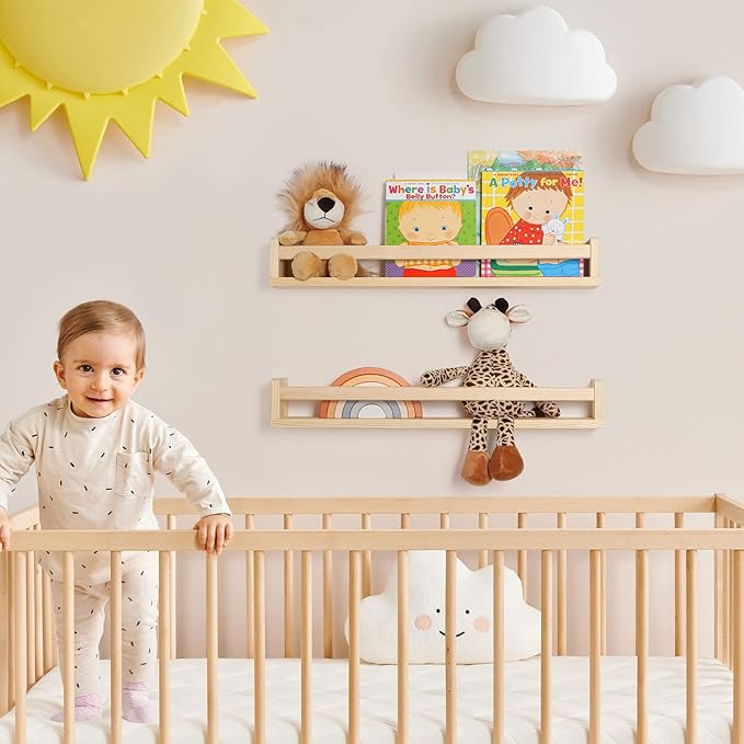 Fun Memories Nursery Book Shelves, 24Inch Floating Shelf for Wall, Wall Bookshelf for Kids Solid Wood Wall Mounted Shelves for Books,Toys and Decor Storage, Set of 2
