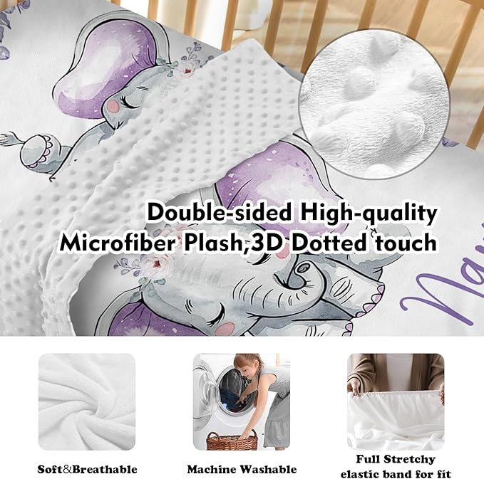 Personalized Baby Crib Bedding Set for Baby Girls, Light Purple Elephant Pattern Custom Name Baby Crib Sets 5-Pcs, Toddler Double Layer Blanket Fitted Sheets Changing Pad Cover Rug Wall Art Set