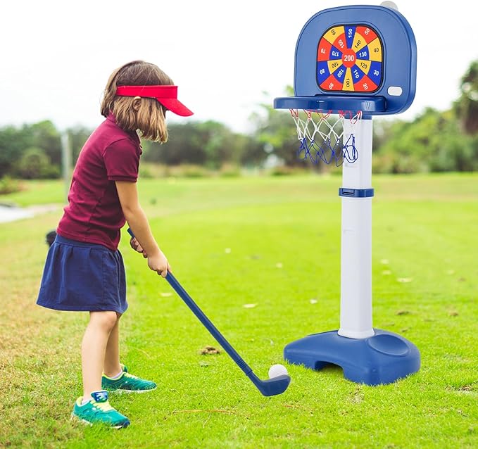 Costzon Kids Basketball Hoop, 4-in-1 Toddler Sports Activity Center with 5 Adjustable Height, Basketball Golf Toss Ring Dart Board Game Set, Indoor Outdoor Toddler Basketball Hoop, Gift for Boys Girls