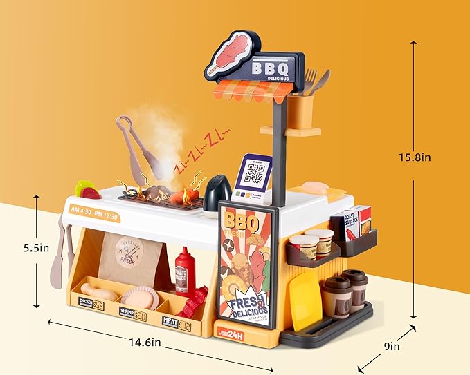 Kids Kitchen Food PlaySet - Simulated BBQ Fast Food Store Toy with Cash Register, Includes Color-Changing Food Sound and Light Effects, Suitable Birthday Gift for Boys and Girls Aged 3-5