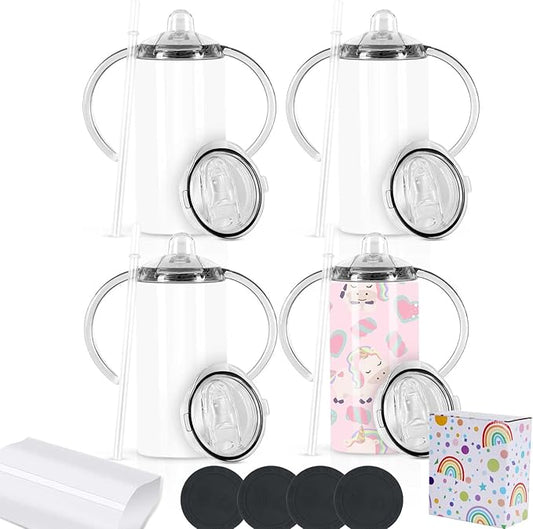 12 Oz Sublimation Sippy Cup 4 Pack, Kids Sublimation Sippy Tumblers, Stainless Steel Sublimation Todder Water Bottle