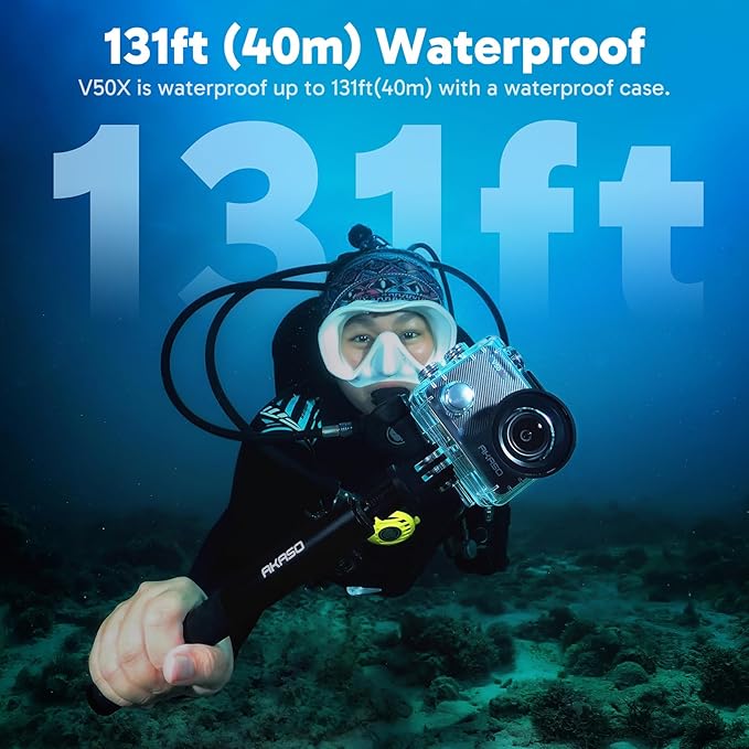 AKASO V50X Native 4K30fps WiFi Action Camera with EIS Touch Screen 4X Zoom 131 feet Waterproof Camera Support External Mic Remote Control (with Selfie Stick Tripod and Carry Bag)