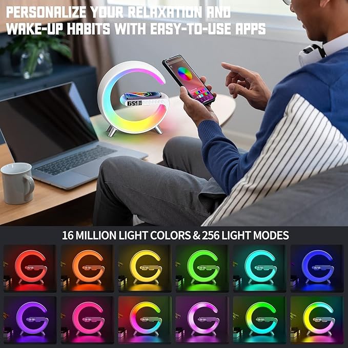 Smart LED Table Lamp, 4-in-1 Wireless Charger, Night Light, Alarm Clock, and Bluetooth Speaker with App Control for Bedroom, Office, and Home Decor (Black)