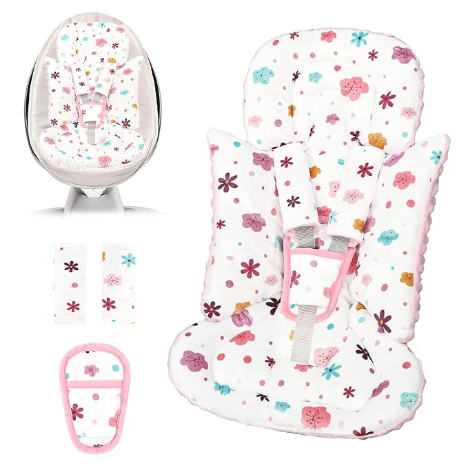 Infant Car Seat Insert with 3 Strap Covers, 3 in 1 Reversible Floral Baby Car Seat Head Support for Newborn, Baby Girl Newborn Essentials for Preemie to Infant, Stroller, Swing, Bouncer (Pink)