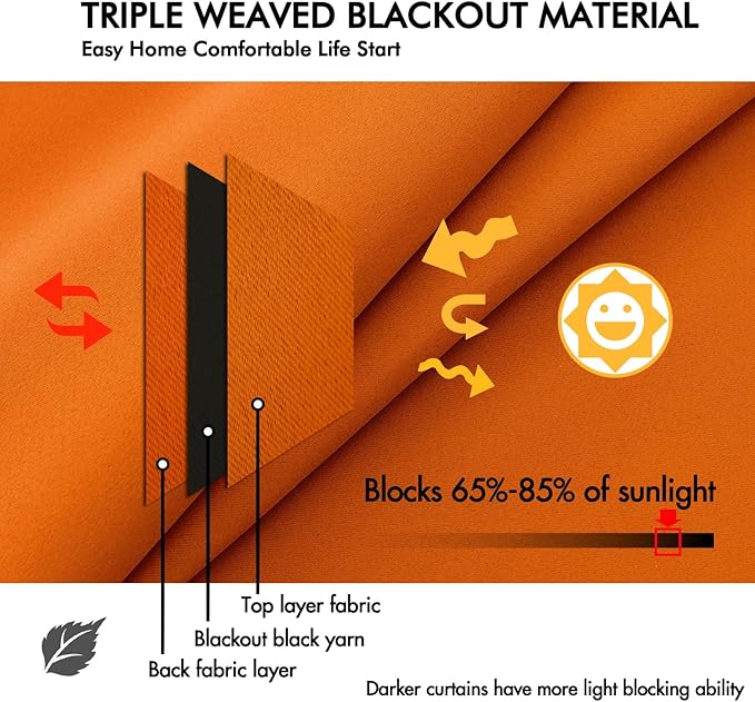 ANRODUO Back Tab Blackout Curtains for Bedroom Living Room, Rod Pocket Pinch Pleated Thermal Insulated Room Darkening Curtains 90 Inches Long 2 Panels, Orange, 42 x 90 Inch