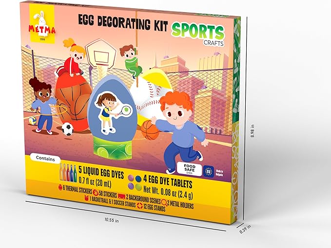 METMA 1999 Egg Decorating Sports Crafts - Complete Decorative Eggs Set with Liquid Dyes, Tablets, Stickers, Egg Spinner and More - Fun Easter Egg Dye Kit Arts and Crafts for Kids(Sports)