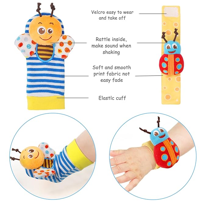 Bloobloomax Soft Baby Rattle Wrist Rattle Foot Finder Socks Set,Cotton and Plush Stuffed Infant Toys,Birthday Holiday Birth Present Gift for Newborn Boy Girl Kids Toddler (8pcs-B Set)