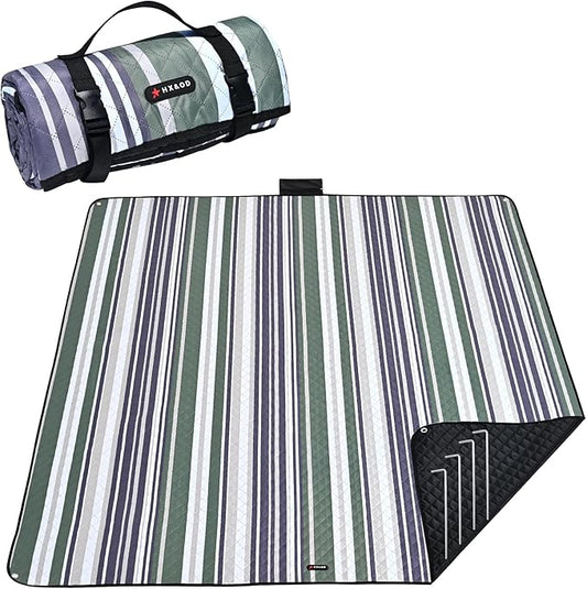 HX&OD Outdoor Picnic Blanket Extra Large, 80''*60'' Waterproof Picnic Mat with Stakes Foldable Camping Blanket Portable with Carry Strap for Beach Mat (Green& White, 80''*60'')