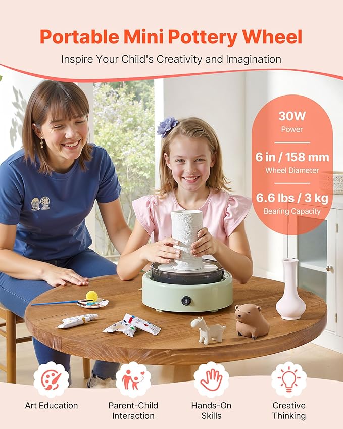 VEVOR Mini Pottery Wheel, 6 inch Turntable, Forward and Reverse Rotation, Adjustable Speed, Electric Clay Wheel for Kids and Beginners, with Shaping Tools, for Home DIY, Pottery Classes, Green