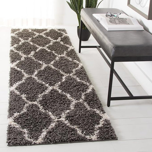 SAFAVIEH Dallas Shag Collection Runner Rug - 2'3" x 14', Dark Grey & Ivory, Trellis Design, Non-Shedding & Easy Care, 1.5-inch Thick Ideal for High Traffic Areas in Living Room, Bedroom (SGDS257A)