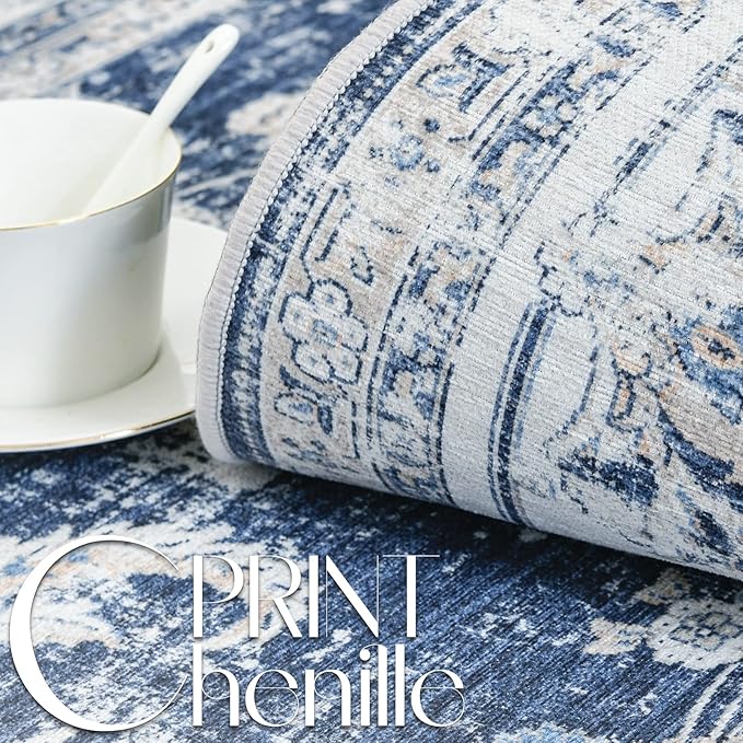 jinchan Long Hallway Runner Rug 2x12 Machine Washable Runner Rug Dark Blue Vintage Floral Design Non-Slip Ultra-Thin for Kitchen Laundry Room Bedroom Farmhouse (2‘x12',Dark Blue)