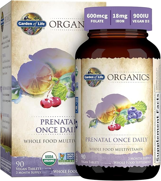 Garden of Life Prenatal Vitamins for Women, Organics Folate for Energy & Healthy Fetal Development, Non-constipating Iron, Vitamin C, B6, B12, D3, Non-GMO, Gluten-Free, Vegan, 90 Day Supply