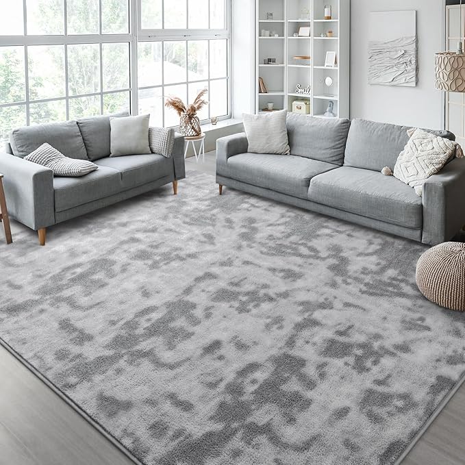 Kimicole 7x10 Washable Area Rugs for Living Room Bedroom, Large Low Pile Ulta-Thin Solid Color Rug, Non-Slip Soft Fluffy Carpet for Nursery Kids Room Dorm Room Home Decor (Light Grey)