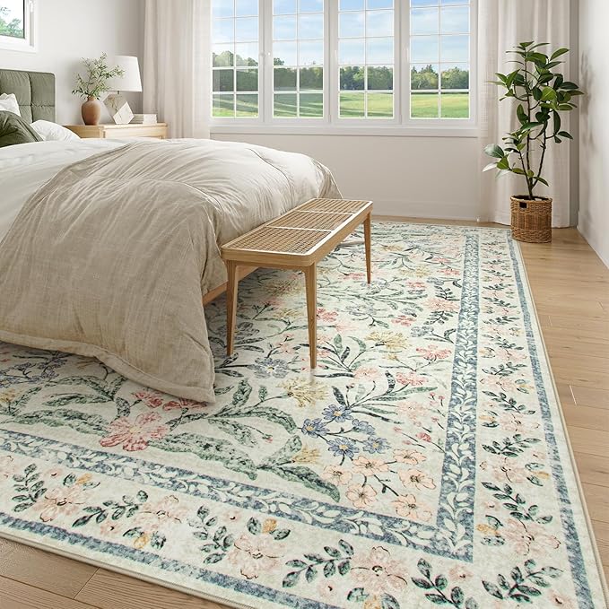 Wonnitar Large Living Room Rug, Floral 10 x 14 Machine Washable Area Rugs, Soft Boho Ultra-Thin Non-Shedding Indoor Aesthetic Carpet for Bedroom Dining Room Office
