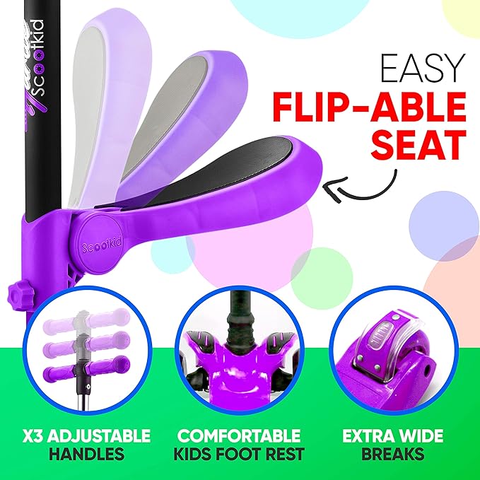 Hurtle 3-Wheeled Scooter for Kids - Wheel LED Lights, Adjustable Lean-to-Steer Handlebar, and Foldable Seat - Sit or Stand Ride with Brake for Boys and Girls Ages 1-14 Years Old