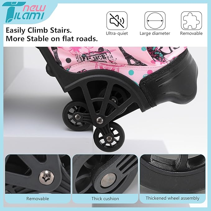 NEW TILAMI 18 inch Rolling Backpack for Kids, Waterproof, Adjustable Handle, Stair Climbing, Large Storage for School, Travel, Girls & Boys, Pink Paris