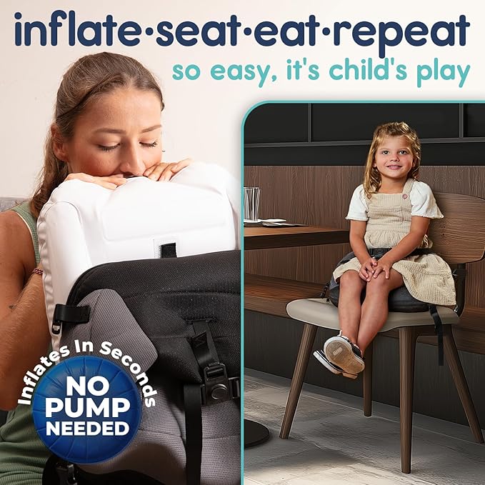 Hiccapop NeoBoost Inflatable Toddler Booster Seat for Dining Table – Portable, Quick-Inflate Design – Anti-Slip Base, Secure Straps, Easy-Clean – Perfect for Home & Travel, Black/Gray