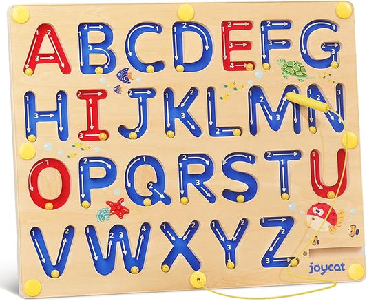 JoyCat Magnetic Letter Tracing Board, Wooden Alphabet Tracing Board for Toddlers ABC Magnets Letter Writing Practice, Magnetic Maze Preschool Learning Educational Toys for Kids 3-5