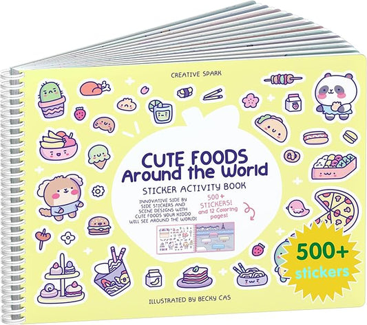 Girly Sticker Book Activity for Kids, Cute Foods Around The World by Cupkin, Toddler Airplane Travel Essentials, 500+ Stickers for Kids 12 Scenes + Coloring Book Pages, Crafts Ages 2-8