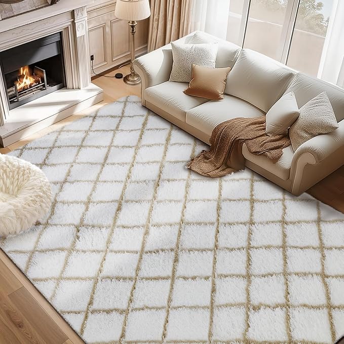Fluffy Rug for Bedroom, 5X7Feet Stripe Checkered Rug Anti-Skid High Pile for Living Room Bedroom Kids Room Nursery, Dorm Home Decor