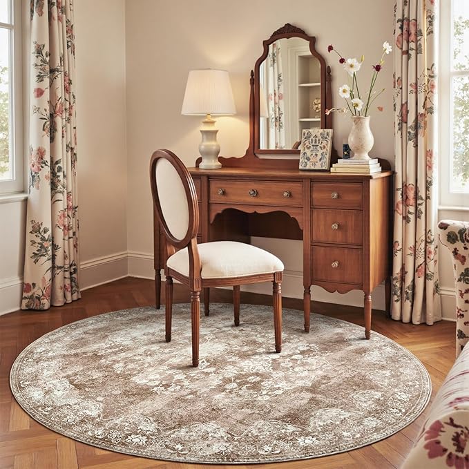 jinchan Round Rug 6ft Area Rug - Brown Vintage Floor Mat Kitchen Indoor - Washable Circle 6' Thin Floral Print Carpet Retro Farmhouse Non Slip Dining Room Living Room Bedroom Office