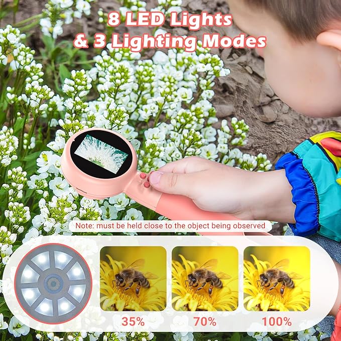 2 in 1 Kids Microscope with Bug Catcher,HD 500X Digital Microscope for Kids with 2" Screen,Photo and Video,STEM Educational Science Kit Learning Toys for Age 3-12 Girls & Boys Birthday Gifts (Pink)